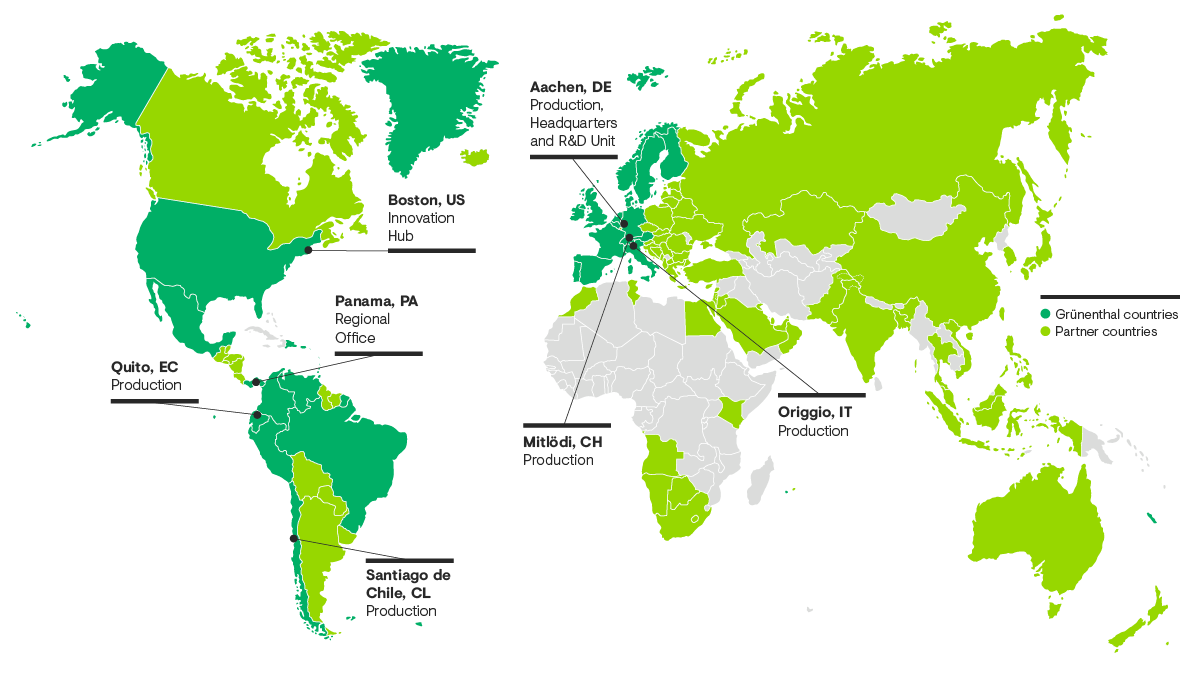 Mapa das filiais da Grünenthal em todo o mundo, incluindo uma visão geral dos locais de produção e das localizações das nossas empresas parceiras